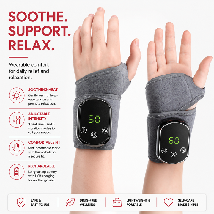 Premium Wrist Massager with Heat Electric Heated Wrist Brace Vibration Therapy Adjustable Strap Auto Timer Wrist Pain Relief Support Device