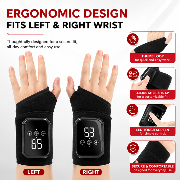Premium Wrist Massager with Heat Electric Heated Wrist Brace Vibration Therapy Adjustable Strap Auto Timer Wrist Pain Relief Support Device