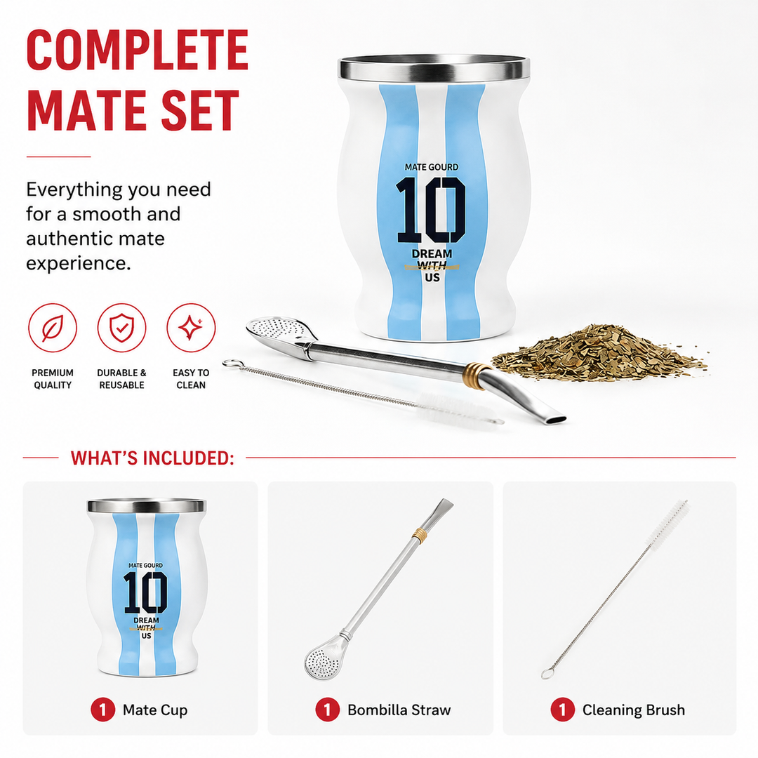Premium Yerba Mate Cup Set Argentina Inspired Stainless Steel Mate Gourd with Bombilla Straw and Cleaning Brush Traditional Mate Drinking Set