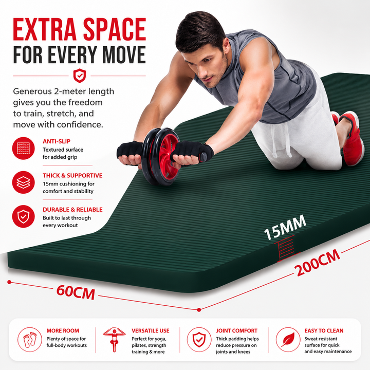 Premium Yoga Mat 2M Extra Long 15MM Thick High Density Exercise Mat Anti Slip Waterproof Fitness Pilates Mat Carry Bag Home Gym Training Mat