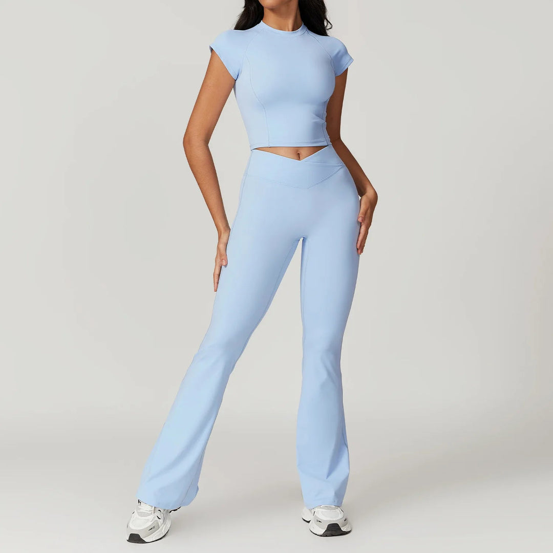 Premium Yoga Set for Women 2 Piece Short Sleeve Crop Top High Waisted Leggings Workout Outfit Quick Dry Stretch Fitness Activewear Breathable GymSportswear