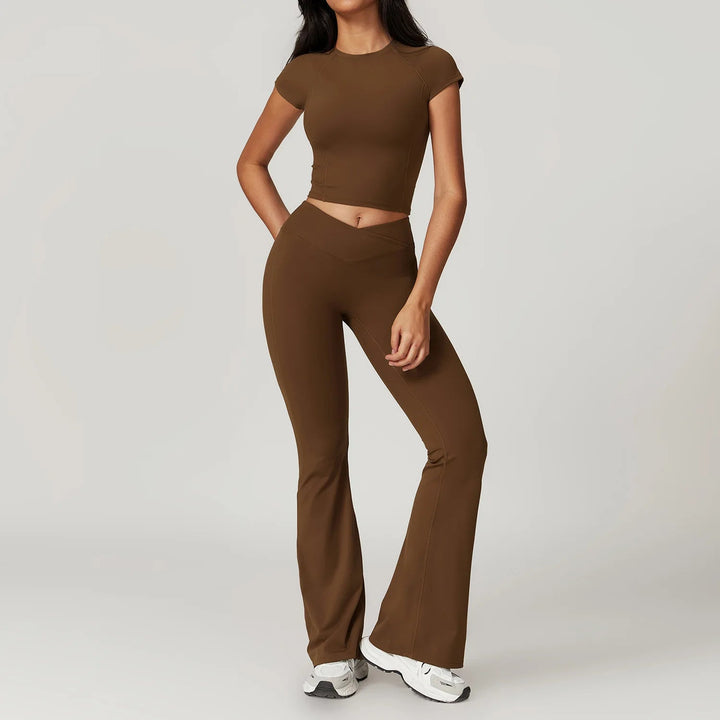 Premium Yoga Set for Women 2 Piece Short Sleeve Crop Top High Waisted Leggings Workout Outfit Quick Dry Stretch Fitness Activewear Breathable GymSportswear