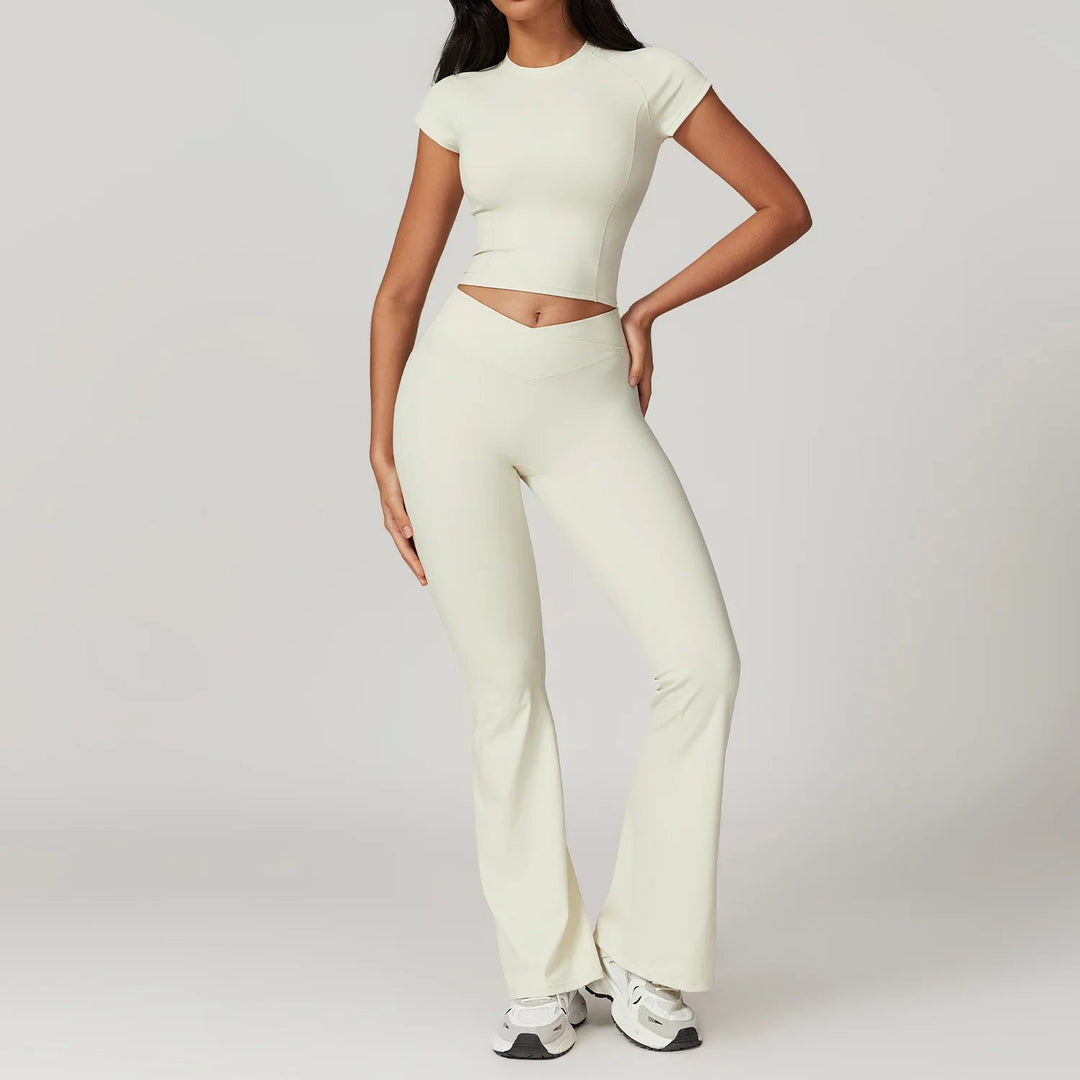 Premium Yoga Set for Women 2 Piece Short Sleeve Crop Top High Waisted Leggings Workout Outfit Quick Dry Stretch Fitness Activewear Breathable GymSportswear
