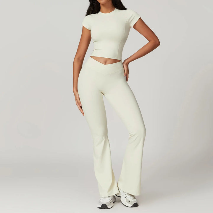 Premium Yoga Set for Women 2 Piece Short Sleeve Crop Top High Waisted Leggings Workout Outfit Quick Dry Stretch Fitness Activewear Breathable GymSportswear
