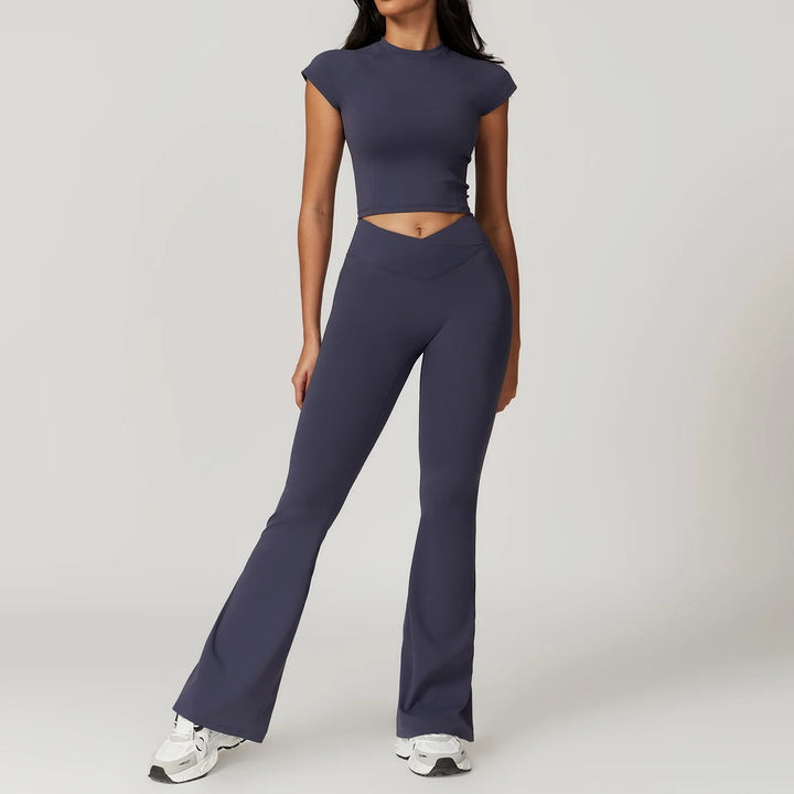 Premium Yoga Set for Women 2 Piece Short Sleeve Crop Top High Waisted Leggings Workout Outfit Quick Dry Stretch Fitness Activewear Breathable GymSportswear