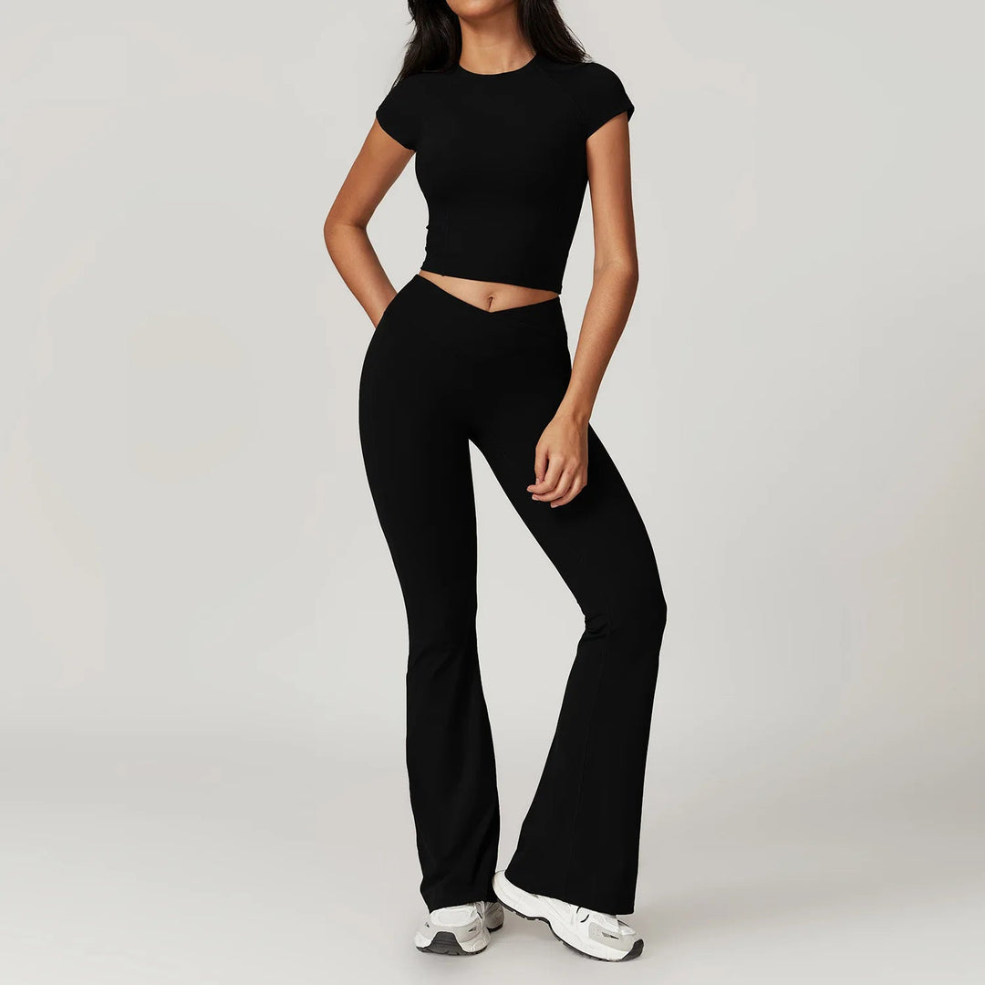 Premium Yoga Set for Women 2 Piece Short Sleeve Crop Top High Waisted Leggings Workout Outfit Quick Dry Stretch Fitness Activewear Breathable GymSportswear