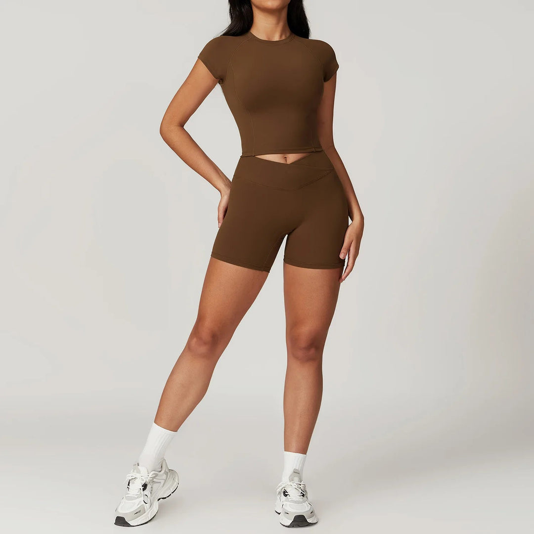 Premium Yoga Set for Women 2 Piece Short Sleeve Crop Top High Waisted Leggings Workout Outfit Quick Dry Stretch Fitness Activewear Breathable GymSportswear