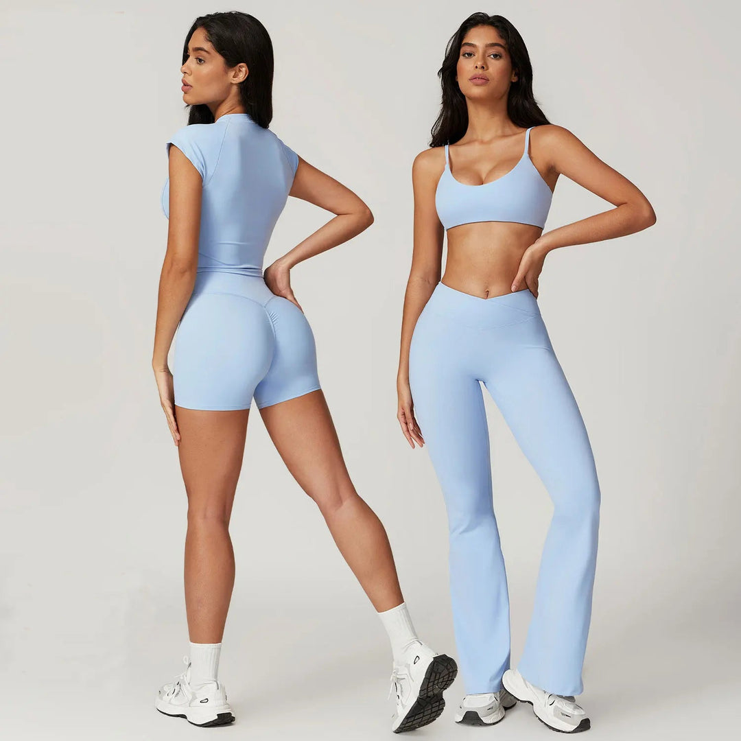Premium Yoga Set for Women 2 Piece Short Sleeve Crop Top High Waisted Leggings Workout Outfit Quick Dry Stretch Fitness Activewear Breathable GymSportswear