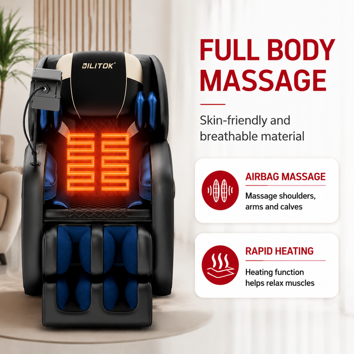 Premium Zero Gravity Full Body Massage Chair Heating Recliner Airbags Foot Rollers Touch Screen Bluetooth Home Ergonomic Shiatsu Relaxation Comfort Seat Furniture Use