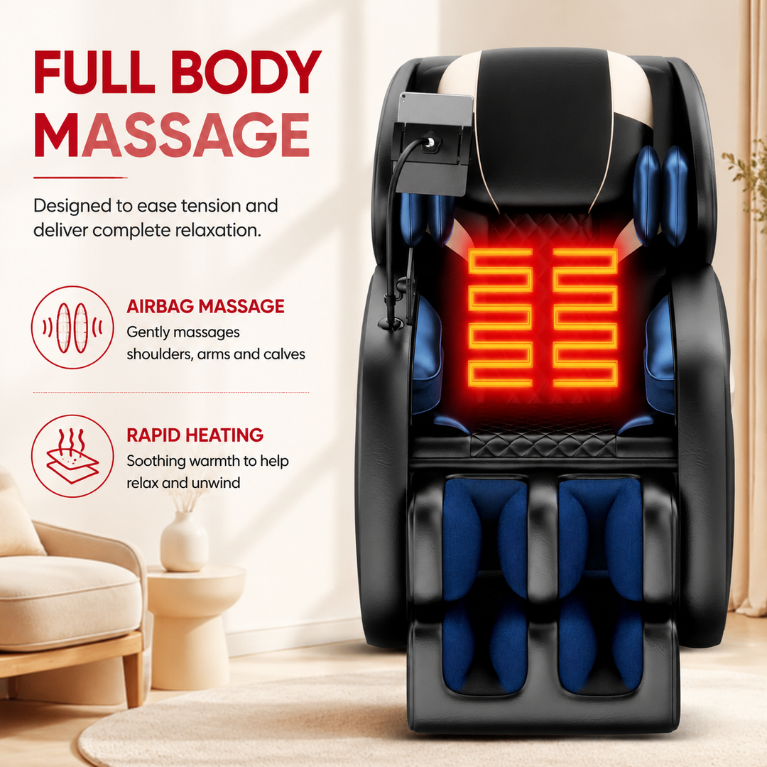 Premium Zero Gravity Full Body Massage Chair Heating Recliner Airbags Foot Rollers Touch Screen Bluetooth Home Ergonomic Shiatsu Relaxation Comfort Seat Furniture Use