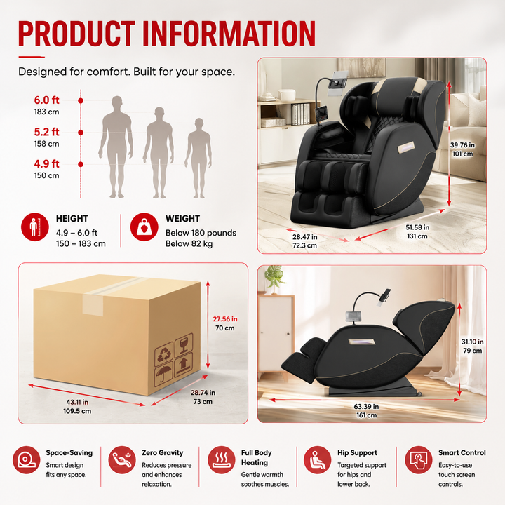 Premium Zero Gravity Full Body Massage Chair Heating Recliner Airbags Foot Rollers Touch Screen Bluetooth Home Ergonomic Shiatsu Relaxation Comfort Seat Furniture Use