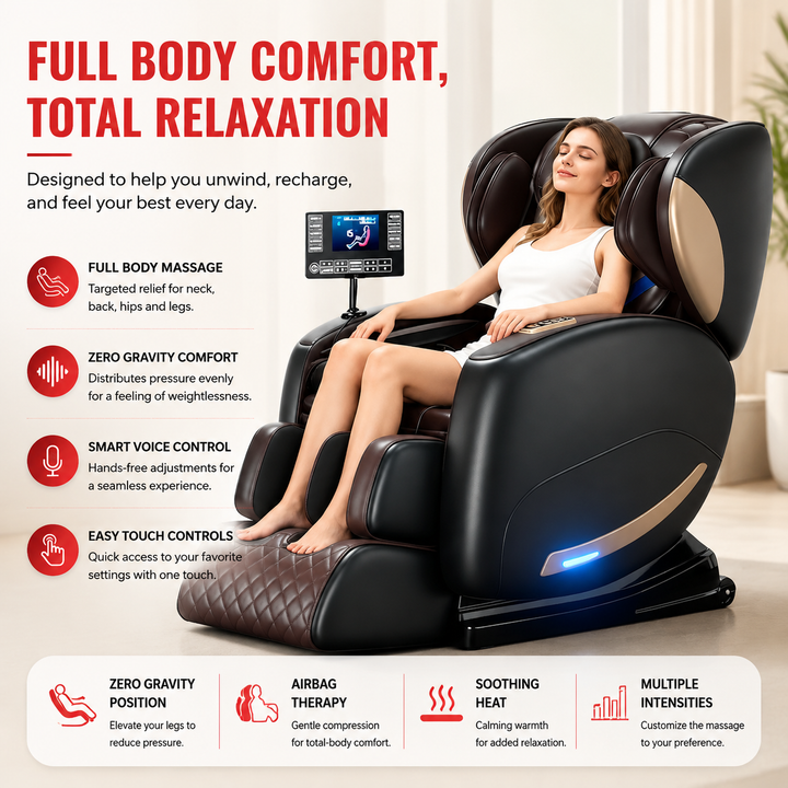 Premium Zero Gravity Massage Chair Full Body Electric Recliner Shiatsu Air Compression Heat Bluetooth Audio Sofa Style Deep Relaxation Home Luxury Comfort Furniture Use
